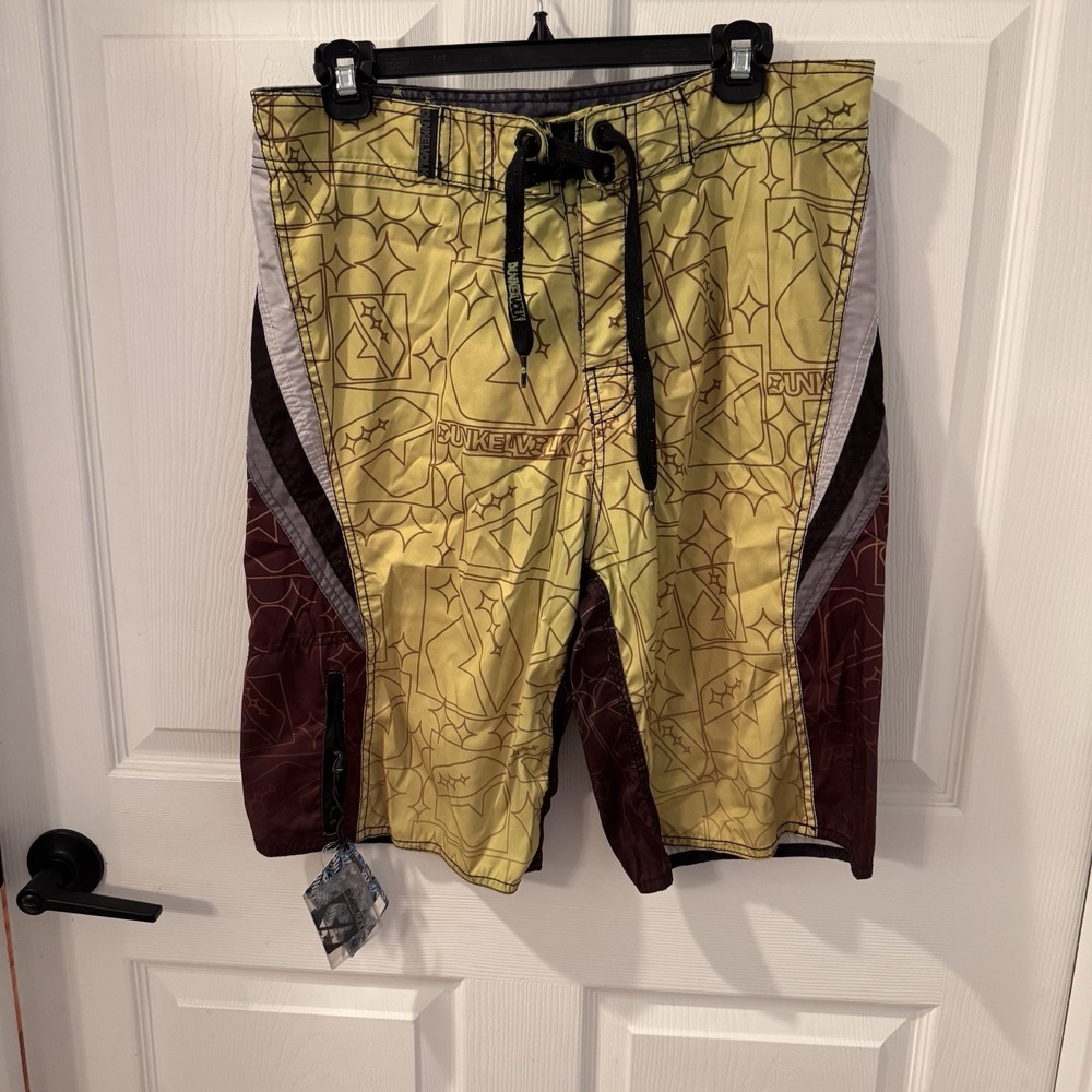 Dunkelvolk Board Shorts Mens Sz 34  Brown‎ Yellow Swim Trunk Drawstring Beach